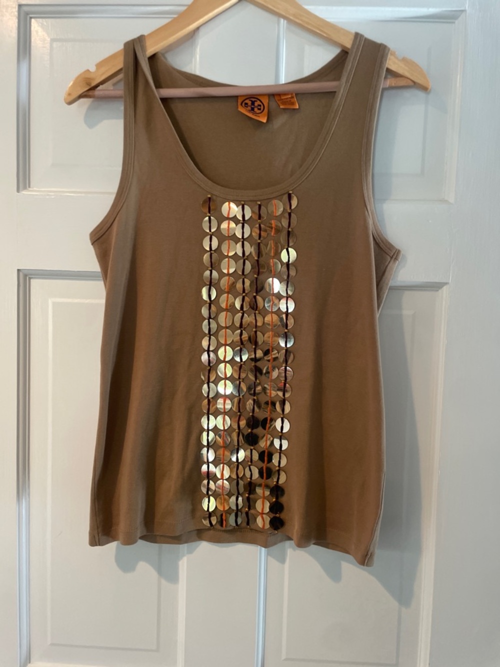 Tory Burch Taupe Sequin-Front Tank Top Large L